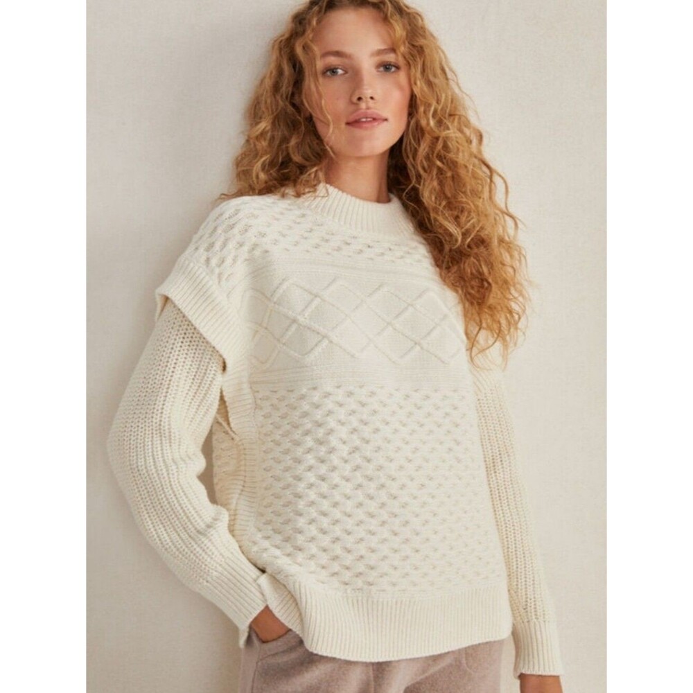 Haven Well Within Organic Cotton Layered Knit Sweater Small Cream Mock Neck Vest